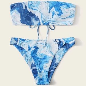 blue marble print bandeau bikini set